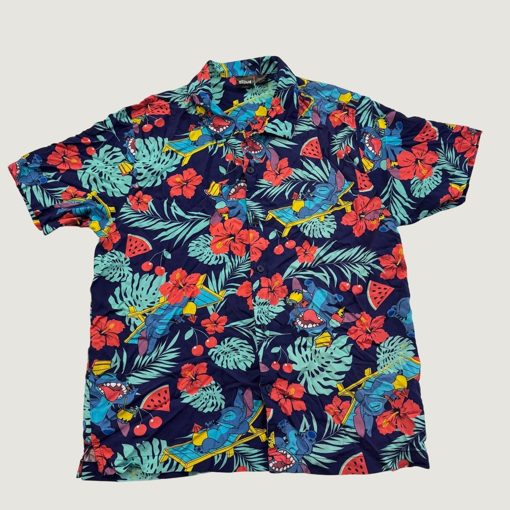 Disney Stitch Men's Large Hawaiian Shirt Tropical Floral Lilo & Stitch Rayon
